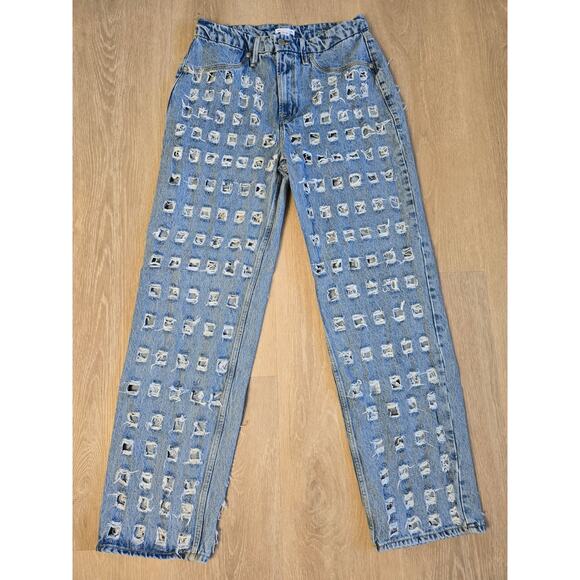 Good American Distressed Grid Jeans Light Wash Blue Wide Leg Sz 10 - Picture 1 of 4